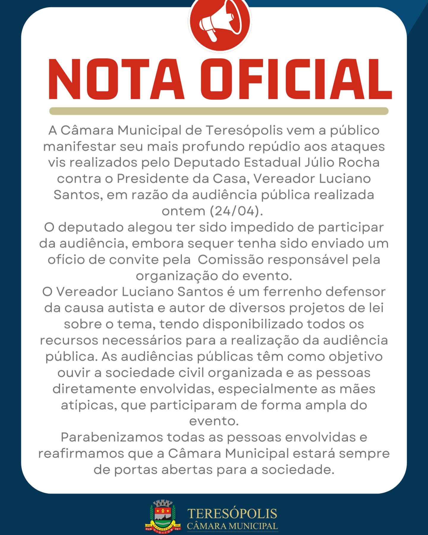 Câmara de Teresópolis divulga nota oficial após polêmica em audiência sobre autismo