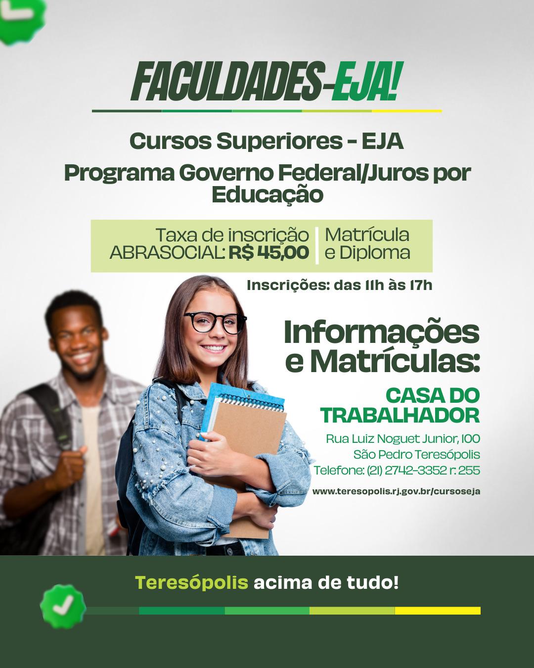 Inscrições para cursos superiores e Educação de Jovens e Adultos seguem na Casa do Trabalhador de Teresópolis