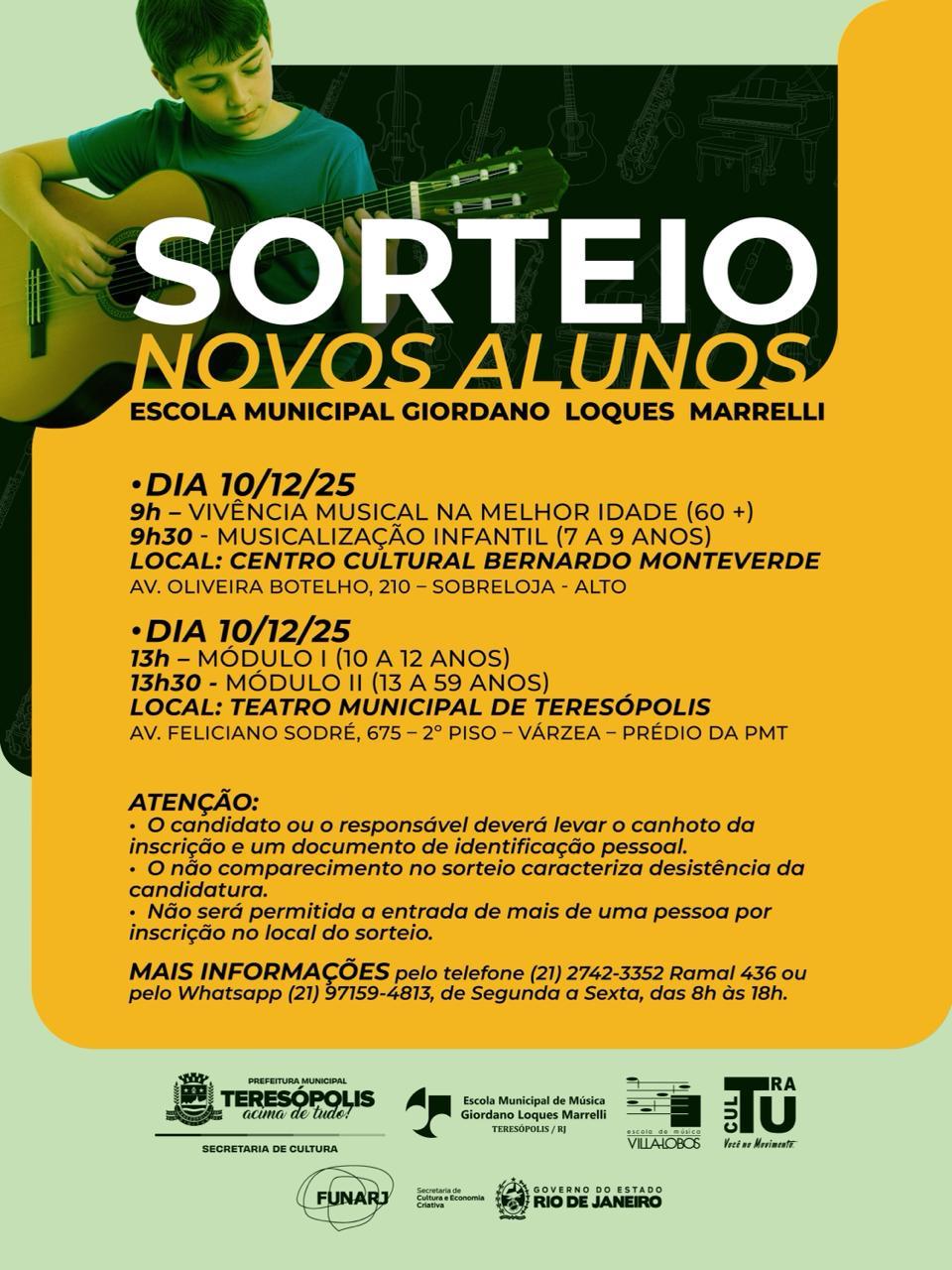 Sorteios das vagas para a Escola Municipal de Música serão nesta quarta, 10